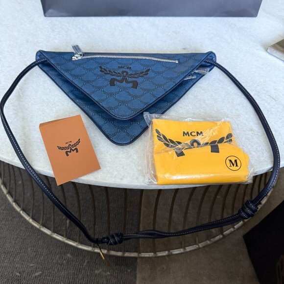 MCM Blue Canvas and leather Triangle Shoulder Bag - Picture 12 of 14